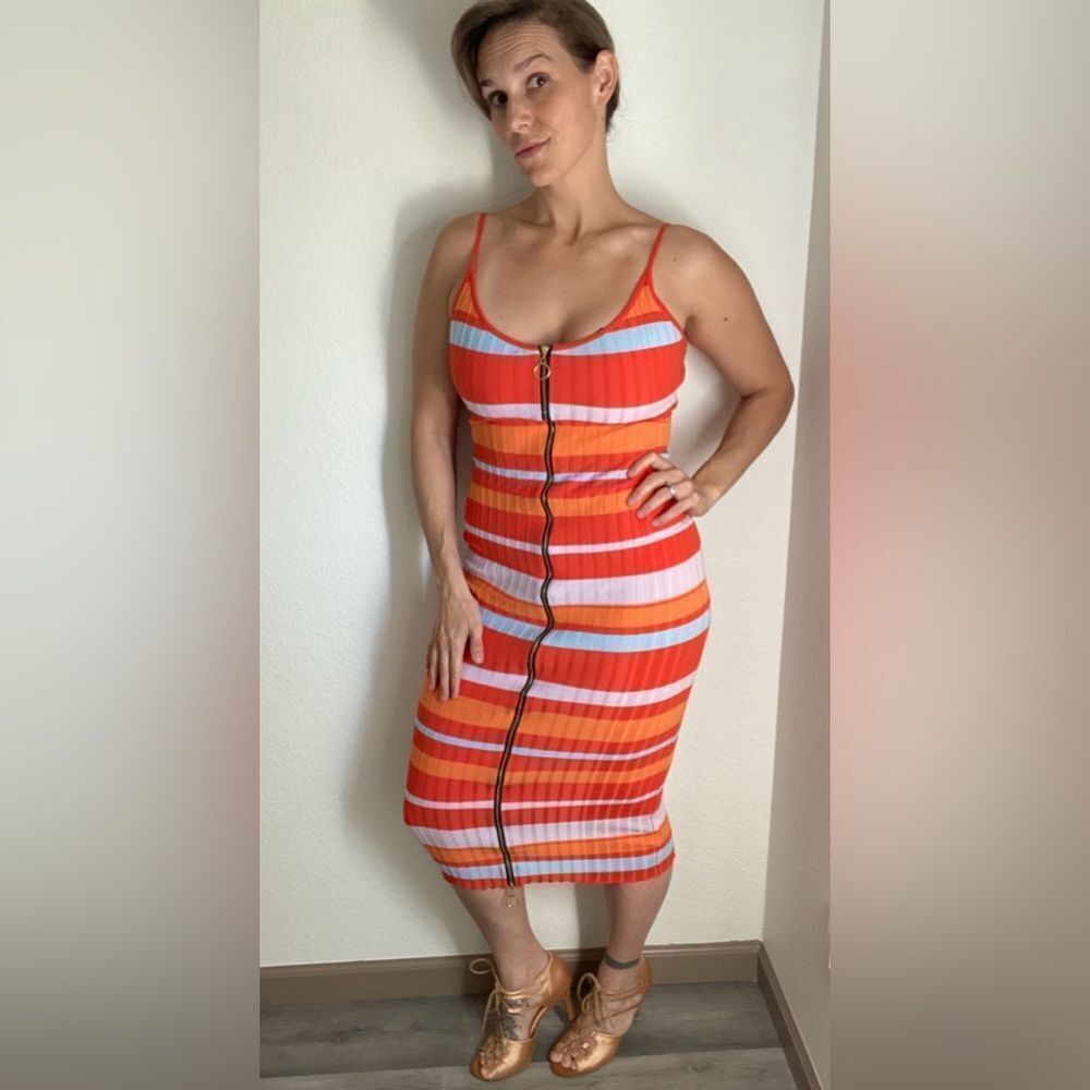 Fashion Nova Midi Dress Ribbed Stripe Dual Zipper Going Out - Picture 1 of 10